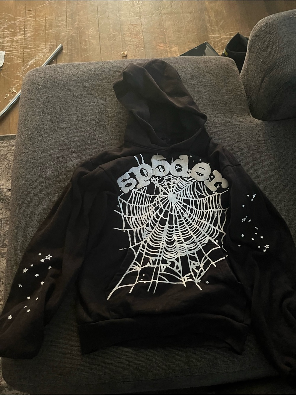 Black Spiderweb Graphic Hoodie with Star Sleeves